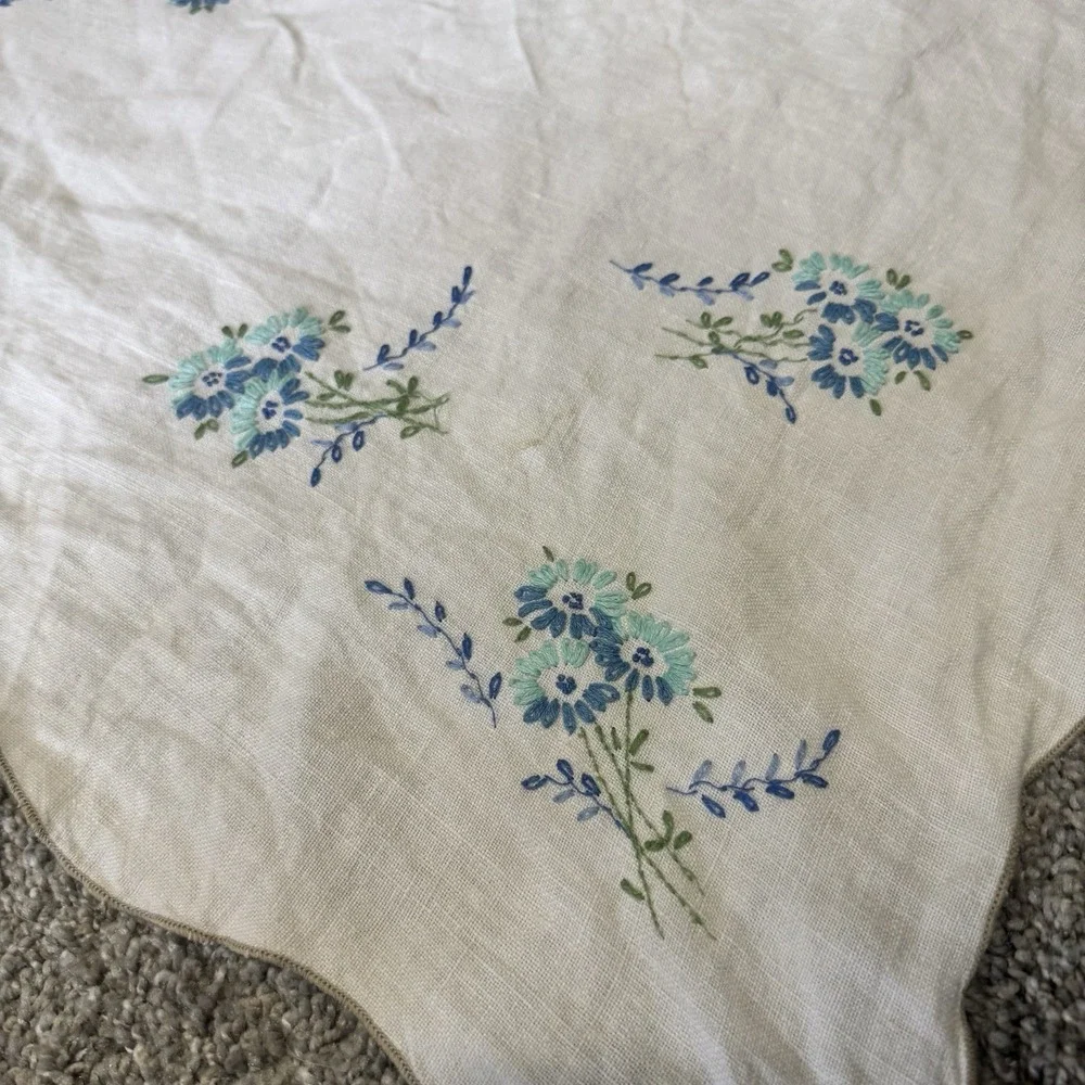 Blue Flower Hand Embroidered Rectangle Table Cloth 48